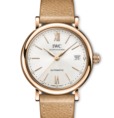 IWC Portofino Automatic IW458608 37mm 18K Rose Gold Silver Sunburst Dial Diamond Indices Leather Strap Ladies Watch