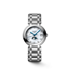 Longines PrimaLuna Moonphase Ladies Watch Stainless Steel MOP Dial Diamond Indices Quartz Women Watch