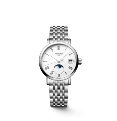 Longines Elegant Moonphase Men Watch Stainless Steel White Dial Roman Markers Automatic Steel Bracelet