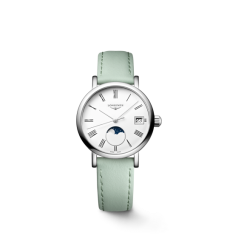 Longines Elegant Moonphase Ladies Watch Stainless Steel White Roman Dial Mint Green Leather Strap Automatic Women Watch