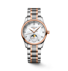 Longines Master Collection Moonphase Ladies Watch Two‑Tone Rose Gold Steel MOP Dial Diamond Indices Automatic Women Bracelet Watch