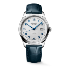 Longines Master Collection Men Automatic Watch Stainless Steel White Grid Dial Blue Arabic Numerals Dark‑Blue Alligator Leather Strap Watch