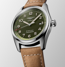 Longines Spirit Men Watch Stainless Steel Green Dial Luminous Arabic Numerals Chronometer Automatic Brown Suede Leather Strap Pilot Watch
