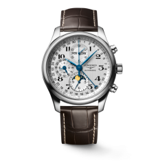 Longines Master Collection Men Watch Steel Silver Grain Dial Moonphase Chronograph Automatic Brown Crocodile Leather Strap Watch