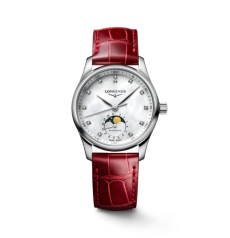 Longines Master Collection Ladies Watch Steel Mother‑of‑Pearl Dial Diamond Index Moonphase Automatic Burgundy Crocodile Leather Strap Watch