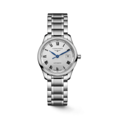 Longines Master Collection Ladies Watch Stainless Steel White Grain Dial Roman Numerals Date Automatic Steel Bracelet Watch