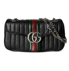 Gucci GG Marmont Shoulder Bag Black Quilted Leather Silver‑Tone Double G Hardware Web Strap