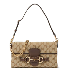 Gucci HorsebGucci Horsebit Ristretto Medium Shoulder Bag GG Supreme Canvas Brown Leather Trim Gold‑Tone Horsebit Hardware
