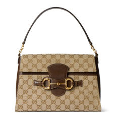 Gucci Horsebit Duomo Medium Handbag GG Supreme Canvas Dark Brown Leather Trim Gold‑Tone Horsebit Hardware