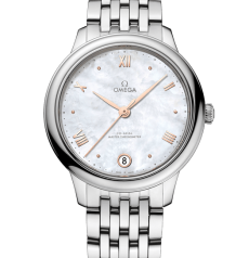 オメガ デ・ヴィル プレステージ 424.10.33.20.55.001 レディース腕時計 33mm ステンレススチールケース ポリッシュベゼル ホワイト マザーオブパール文字盤 ローズゴールド ローマ数字 ステンレススチールブレスレット 自動巻き