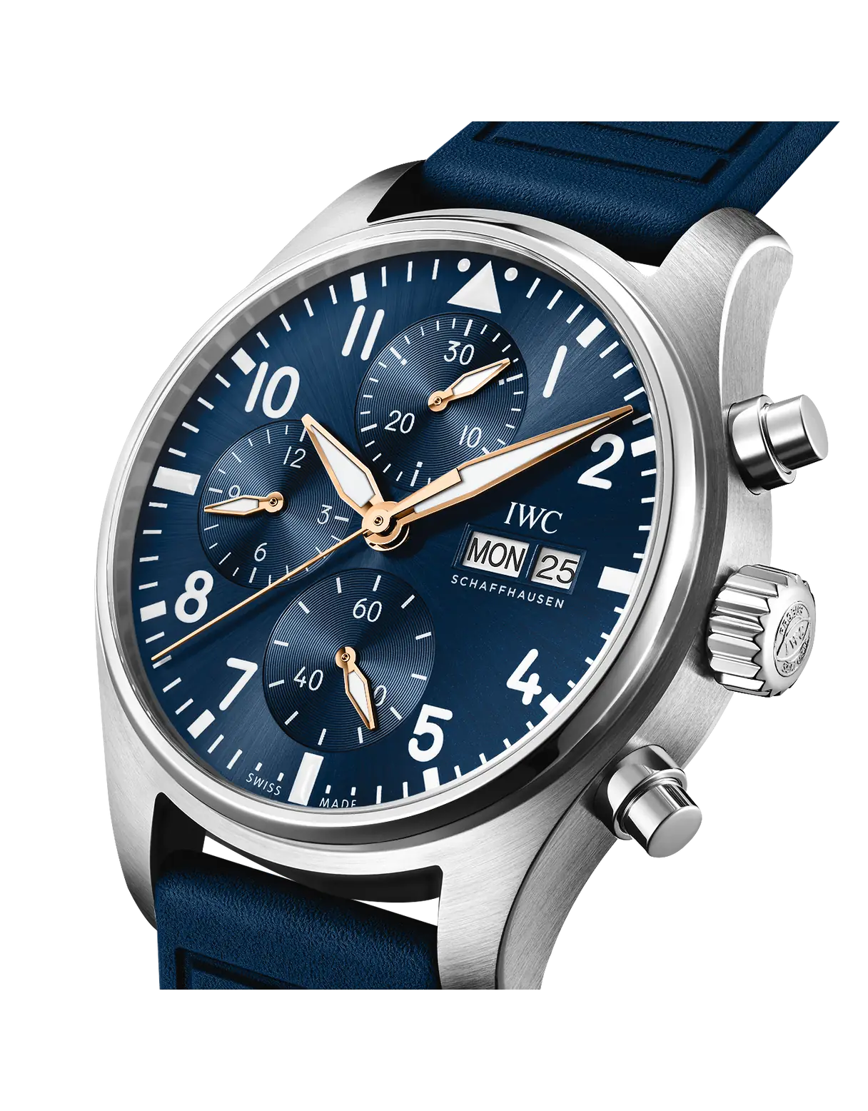 IWC Pilot’s Watch Chronograph IW388109 43mm Stainless Steel Blue Sunburst Dial Rose‑Gold Hands Blue Rubber Strap Men Watch - Image 3