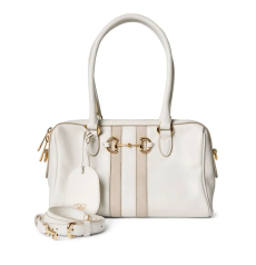 Gucci Borsetto Medium Boston Bag, White Leather Horsebit Shoulder Crossbody Bag
