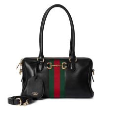 Gucci Borsetto Medium Boston Bag Black Smooth Leather Horsebit Hardware Detachable Strap Women Shoulder Crossbody Handbag