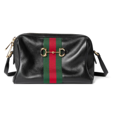 Gucci Horsebit Web Small Camera Crossbody Bag Black Smooth Leather Horsebit Hardware Detachable Strap Women Shoulder Handbag
