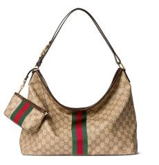 Gucci Large Hobo Shoulder Bag GG Canvas With Web Stripe Detachable Mini Pouch Women Large Capacity Zipper Hobo Handbag