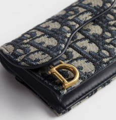 Dior Bloom Saddle Card Holder Blue Dior Oblique Jacquard Antique Gold D Logo Hardware Women Flap Card Wallet