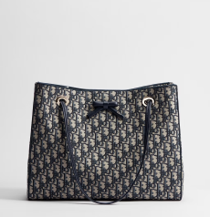 Dior Promenade Medium Tote Bag Blue Dior Oblique Jacquard Navy Leather Bow Light Gold Hardware Women Open‑top Shopping Handbag