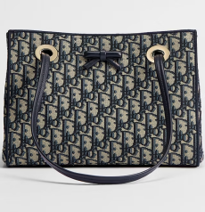 Dior Promenade Small Tote Bag Blue Dior Oblique Jacquard Navy Leather Bow Light Gold Hardware Women Open‑top Daily Shopping Handbag