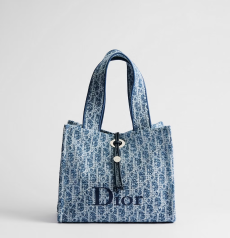Dioriviera Small Spongy Book Tote Handbag Blue Oblique Spongy‑effect Jacquard Drawstring Closure Women Vacation Shopping Tote Bag