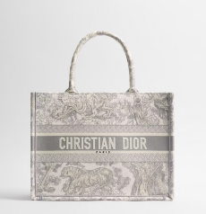 Medium Dior Book Tote Bag Grey Toile de Jouy Embroidery Canvas CHRISTIAN DIOR Logo Ladies Large‑capacity Top‑Handle Shopping Handbag