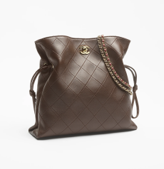 Chanel Drawstring Bucket Bag Dark Brown Diamond‑Quilted Lambskin Gold‑Tone CC Logo Multi‑Strand Chain Ladies Drawstring Shoulder Crossbody Bag