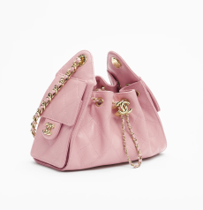 Chanel Drawstring Bucket Bag Light Pink Grained Calfskin Diamond‑Quilted Gold‑Tone CC Logo Leather‑Woven Chain Ladies Drawstring Shoulder Crossbody Bag