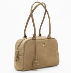 Chanel Boston Bowling Bag Deep Beige Suede‑Effect Calfskin & Calfskin Patchwork Gold‑Tone Metal Hardware Diamond‑Quilted Ladies Zipper Top‑Handle Shoulder Handbag