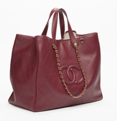 Chanel Large Tote Bag Burgundy Smooth Calfskin Gold‑Tone Metal Hardware Diamond‑Quilted Embossed CC Logo Leather‑Woven Chain Ladies Large Capacity Shoulder Tote Bag