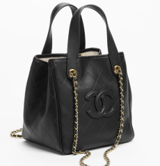 Chanel Small Bucket Tote Bag Black Smooth Calfskin Gold‑Tone Metal Hardware Diamond‑Quilted Embossed CC Logo Leather‑Woven Chain Ladies Mini Hand‑carry Shoulder Crossbody Bag