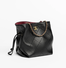 Chanel Drawstring Bucket Bag Black Lambskin Gold‑Tone Metal Hardware Diamond‑Quilted Interlocking CC Logo Leather‑Woven Chain Ladies Drawstring Shoulder Crossbody Bucket Bag