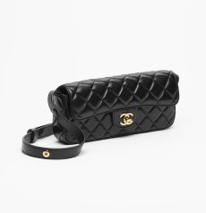 Chanel Flap Shoulder Bag Black Lambskin Gold‑Tone Metal Hardware Diamond‑Quilted Interlocking CC Logo Adjustable Strap Ladies Baguette Style Shoulder Crossbody Handbag