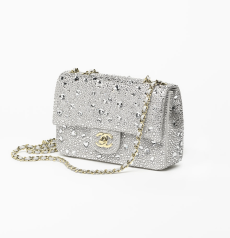 Chanel Classic Flap Bag Silver‑Tone Crystals & Gold‑Tone Metal Hardware Interlocking CC Turn‑Lock Leather‑Woven Chain Ladies Evening Shoulder Crossbody Handbag