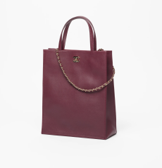 Chanel Vertical Tote Bag Burgundy Calfskin Gold‑Tone Metal Hardware Interlocking CC Logo Top‑Handle Leather‑Woven Chain Ladies Large‑Capacity Hand‑carry Shoulder Work Handbag