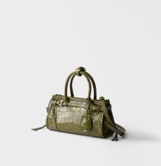 Prada Bonnie Small Handbag Green Crocodile‑Embossed Leather Gold‑Tone Metal Hardware Logo Lettering Double‑Buckle Design Ladies Top‑Handle Daily Tote Handbag
