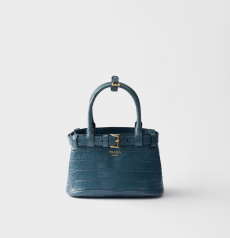 Prada Buckle Small Handbag Slate‑Blue Crocodile‑Embossed Leather Gold‑Tone Metal Hardware Logo Lettering Buckle‑Strap Design Ladies Top‑Handle Daily Handbag