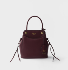 Prada Mini Bucket Handbag Burgundy Smooth Leather Gold‑Tone Metal Hardware PRADA MILANO Logo Drawstring Design Ladies Top‑Handle Crossbody Daily Handbag