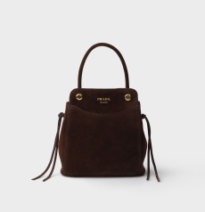 Prada Carry Mini Handbag Dark‑Brown Suede Leather Gold‑Tone Metal Hardware PRADA MILANO Logo Drawstring‑Closure Ladies Top‑Handle Crossbody Daily Bucket Handbag