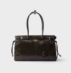 Prada Bonnie Large Handbag Dark Olive Crinkle‑Gloss Leather Gold‑Tone Metal Triangle Logo Dual‑Buckle Strap Side Drawstring Ladies Large Capacity Top‑Handle Office Tote Handbag