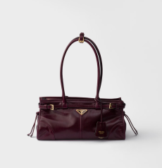 Prada Bonnie Medium Handbag Burgundy Crinkle‑Gloss Leather Gold‑Tone Metal Triangle PRADA Logo Dual‑Buckle Strap Side Drawstring Ladies Medium‑Capacity Top‑Handle Tote Handbag