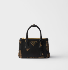 Prada Galleria Small Handbag Black Nappa Leather Houndstooth Wool Patchwork Gold‑Tone Metal Triangle Logo Zipper Closure Ladies Small‑Capacity Top‑Handle Shoulder Handbag