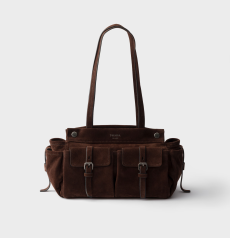 Prada Medium Shoulder Bag Dark‑Brown Suede Multi‑Front‑Pocket Design Silver‑Tone Hardware Snap‑Button Closure Adjustable Strap Ladies Medium‑Capacity Casual Tote Handbag