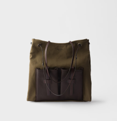 Prada Route Large Tote Bag Olive‑Green Canvas & Dark Brown Leather Patchwork Black‑Tone Hardware Open‑Top Multi‑Front‑Pocket Design Large‑Capacity Ladies Shoulder Handbag