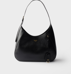 Prada Boogie Large Hobo Bag Black Smooth Leather Gold‑Tone Printed Logo Adjustable Shoulder Strap Open‑Top Detachable Leather Tag Large‑Capacity Ladies Shoulder Handbag