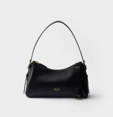 Prada Aimée Medium Shoulder Bag Black Smooth Leather Gold‑Tone Printed Logo Zipper‑Closure Adjustable Shoulder Strap Detachable Leather Tag Medium‑Capacity Ladies Shoulder Handbag