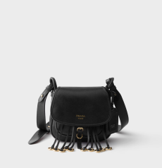 Prada Corsaire Mini Crossbody Bag Black Smooth Leather Fringe Decor Gold‑Tone Metal Buckle Flap‑Closure Adjustable Wide Shoulder Strap Detachable Leather Tag Ladies Mini‑Capacity Saddle Handbag