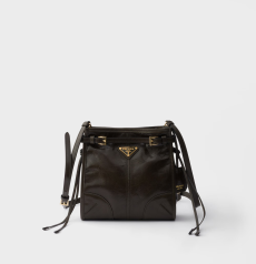 Prada Bonnie Mini Bucket Bag Dark‑Olive Crinkled Leather Gold‑Tone Triangle Logo Drawstring‑Closure Buckle‑Detail Adjustable Crossbody Strap Detachable Leather Tag Ladies Mini‑Capacity Shoulder Handbag
