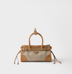 Prada Bonnie Mini Tote Bag Natural Linen With Tan Leather Trims Silver‑Tone Triangle Logo Buckle‑Detail Drawstring‑Side Top‑Handle Ladies Mini‑Capacity Summer Handbag