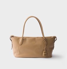 Prada Ouvert Large Tote Bag Camel Soft Leather Gold‑Tone Printed PRADA Logo Open‑Top Design Padlock‑Style Leather Charm Long Top Handles Large‑Capacity Ladies Daily Shoulder Handbag