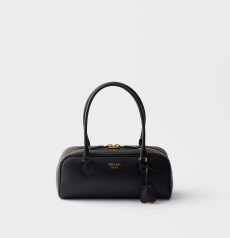 Prada Medium Bowling Top‑Handle Bag Black Smooth Leather Gold‑Tone Printed PRADA MILANO Logo Full‑Zip Closure Removable Leather Tag Long Top‑Handles Ladies Retro Medium‑Capacity Shoulder Handbag