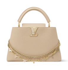 Louis Vuitton Capucines MM M29955 Sable Beige Taurillon Leather Handbag with Handmade Enamel Flower Chain